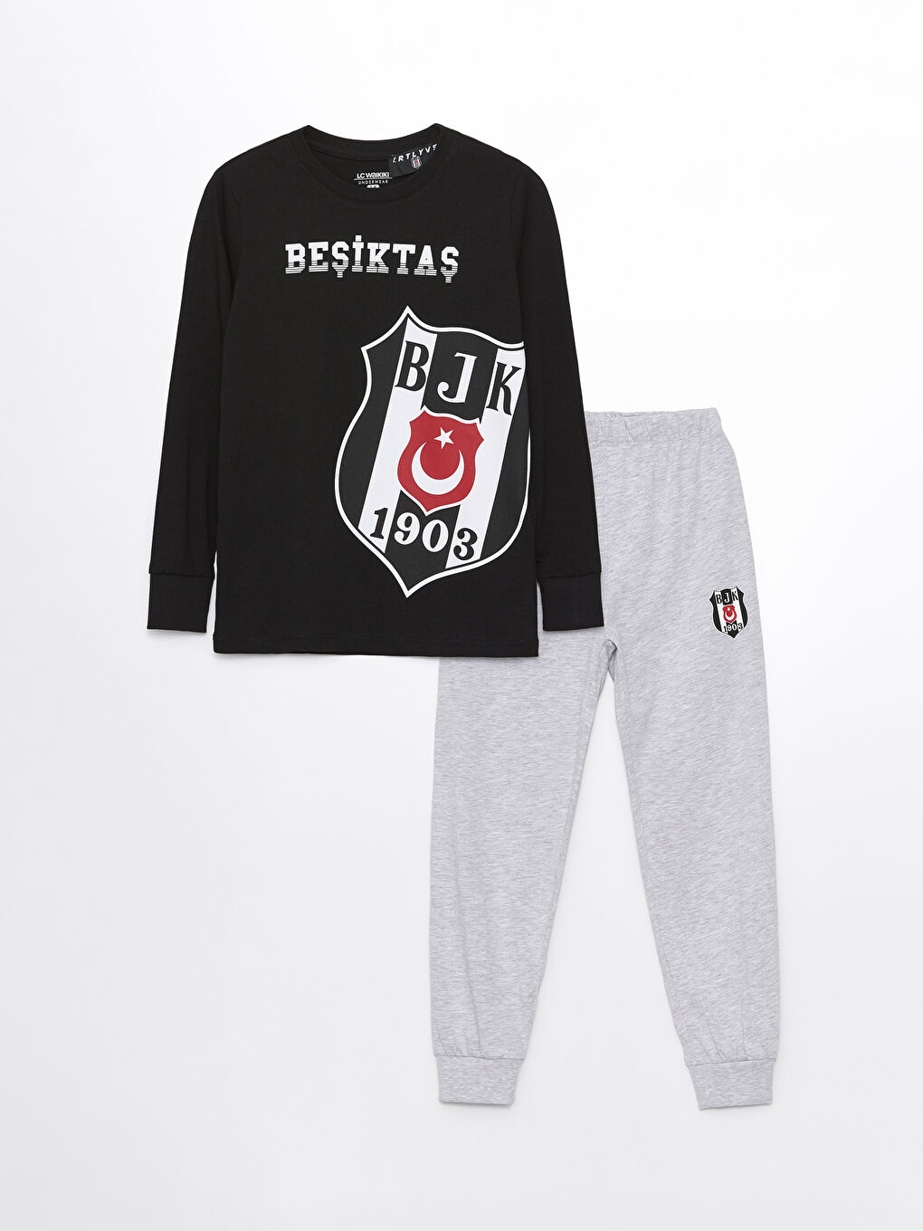 Siyah Bisiklet Yaka Beşiktaş Baskılı Uzun Kollu Erkek Çocuk Pijama Takımı