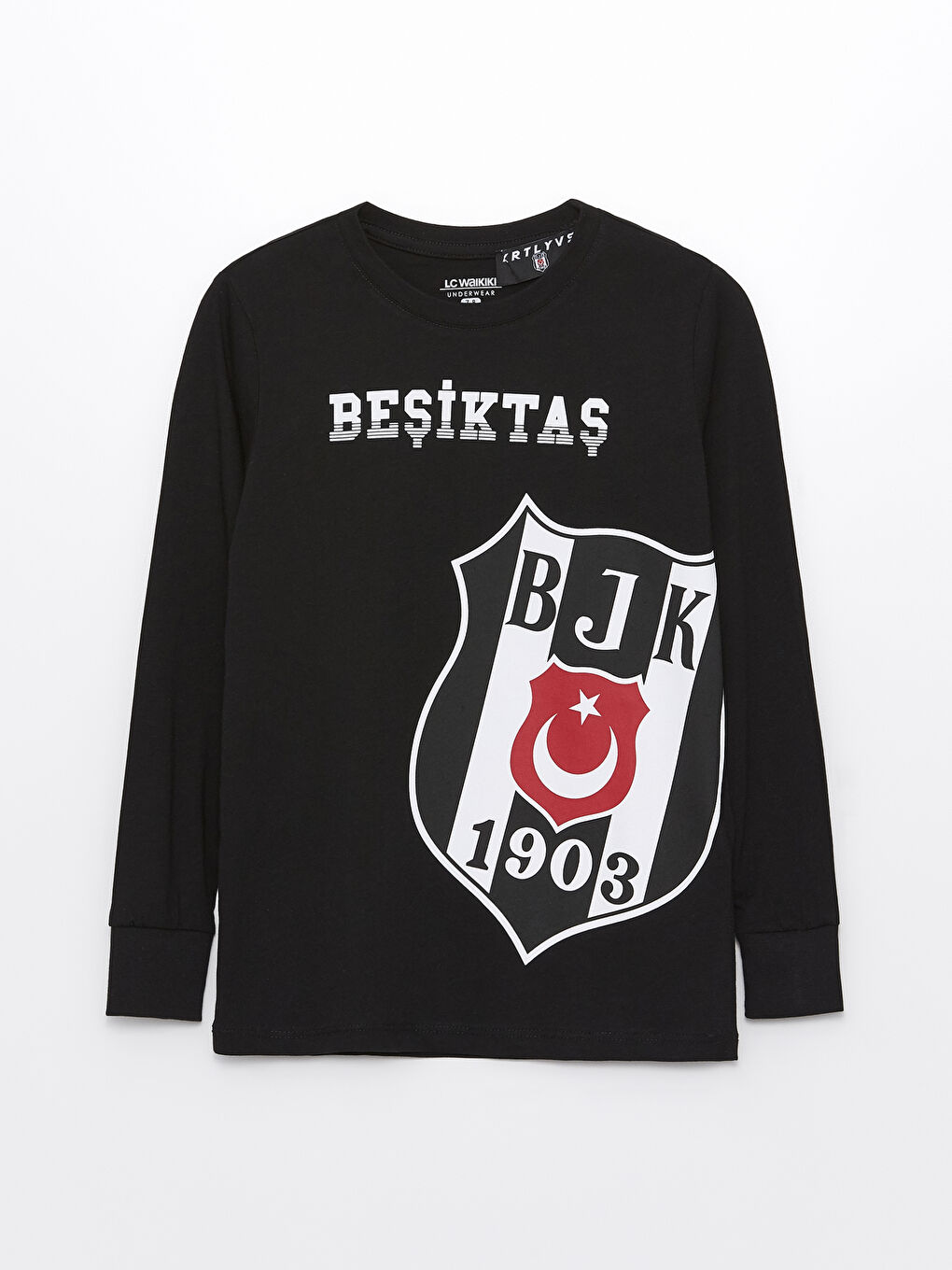 Siyah Bisiklet Yaka Beşiktaş Baskılı Uzun Kollu Erkek Çocuk Pijama Takımı-1