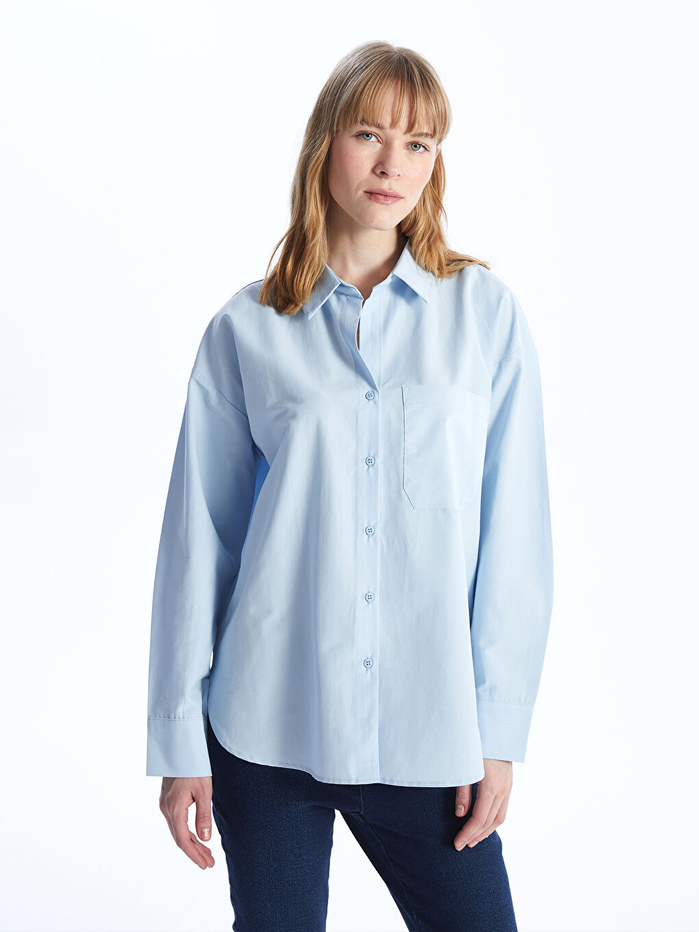 Mavi Oversize Poplin Kadın Gömlek-1