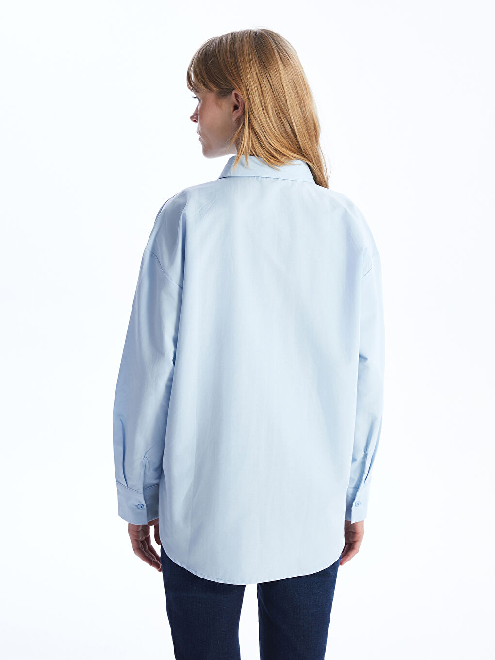 Mavi Oversize Poplin Kadın Gömlek-4