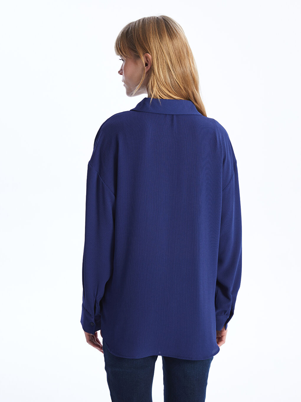 Lacivert Oversize Poplin Kadın Gömlek-4
