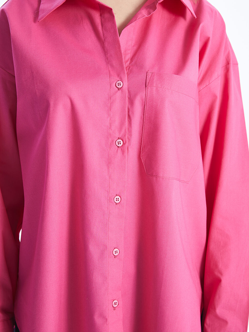 Fuşya Düz Uzun Kollu Oversize Kadın Gömlek-3
