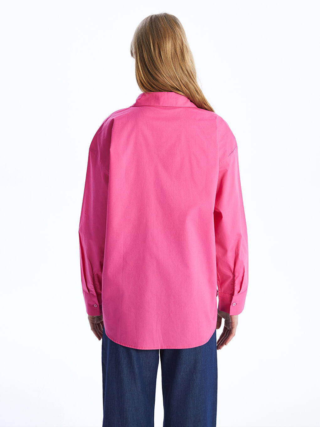 Fuşya Düz Uzun Kollu Oversize Kadın Gömlek-4