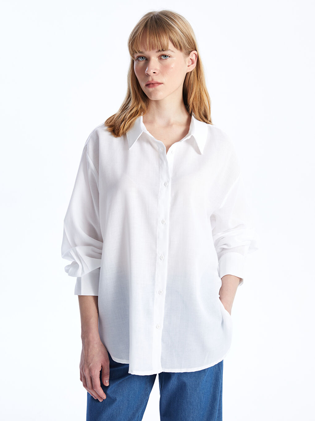 Beyaz Düz Uzun Kollu Oversize Kadın Gömlek-1