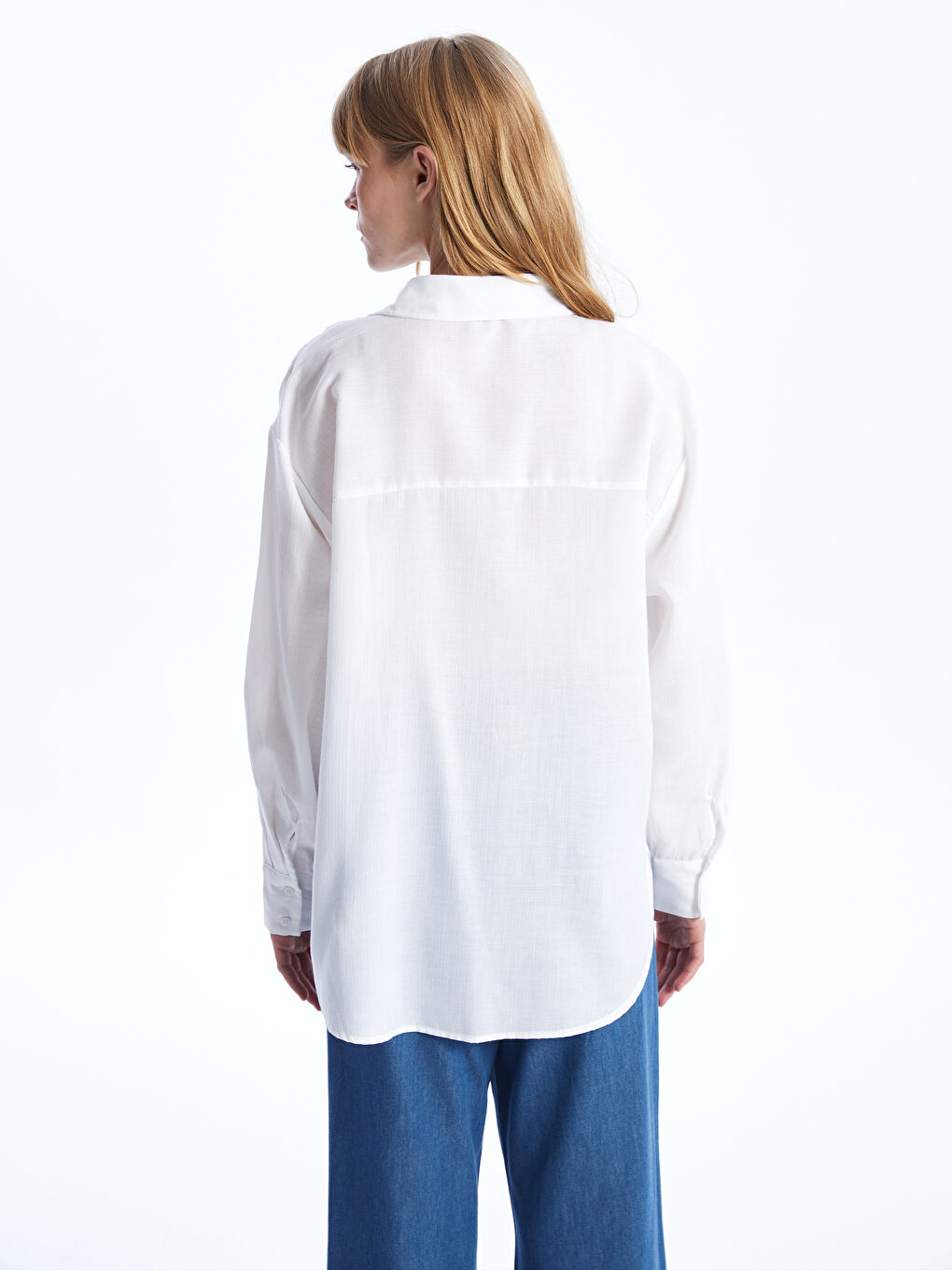 Beyaz Düz Uzun Kollu Oversize Kadın Gömlek-4