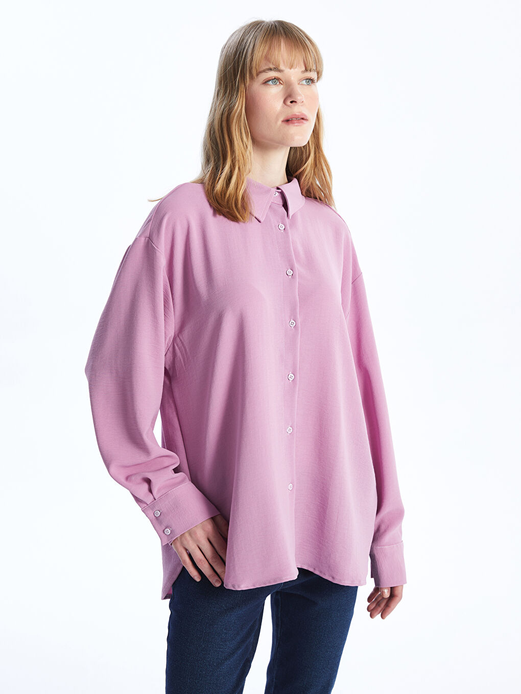 Pembe Düz Uzun Kollu Oversize Kadın Gömlek