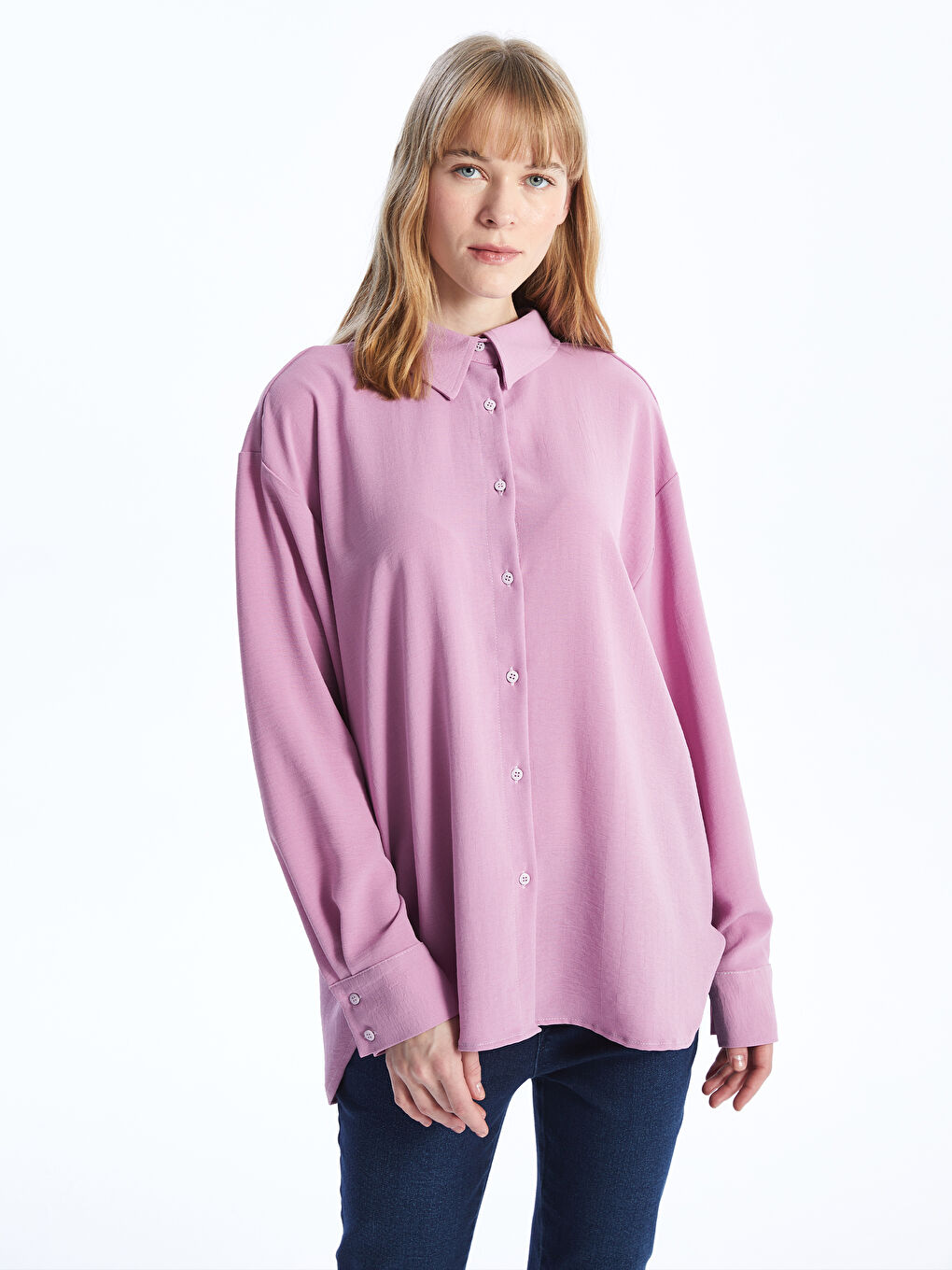 Pembe Düz Uzun Kollu Oversize Kadın Gömlek-1