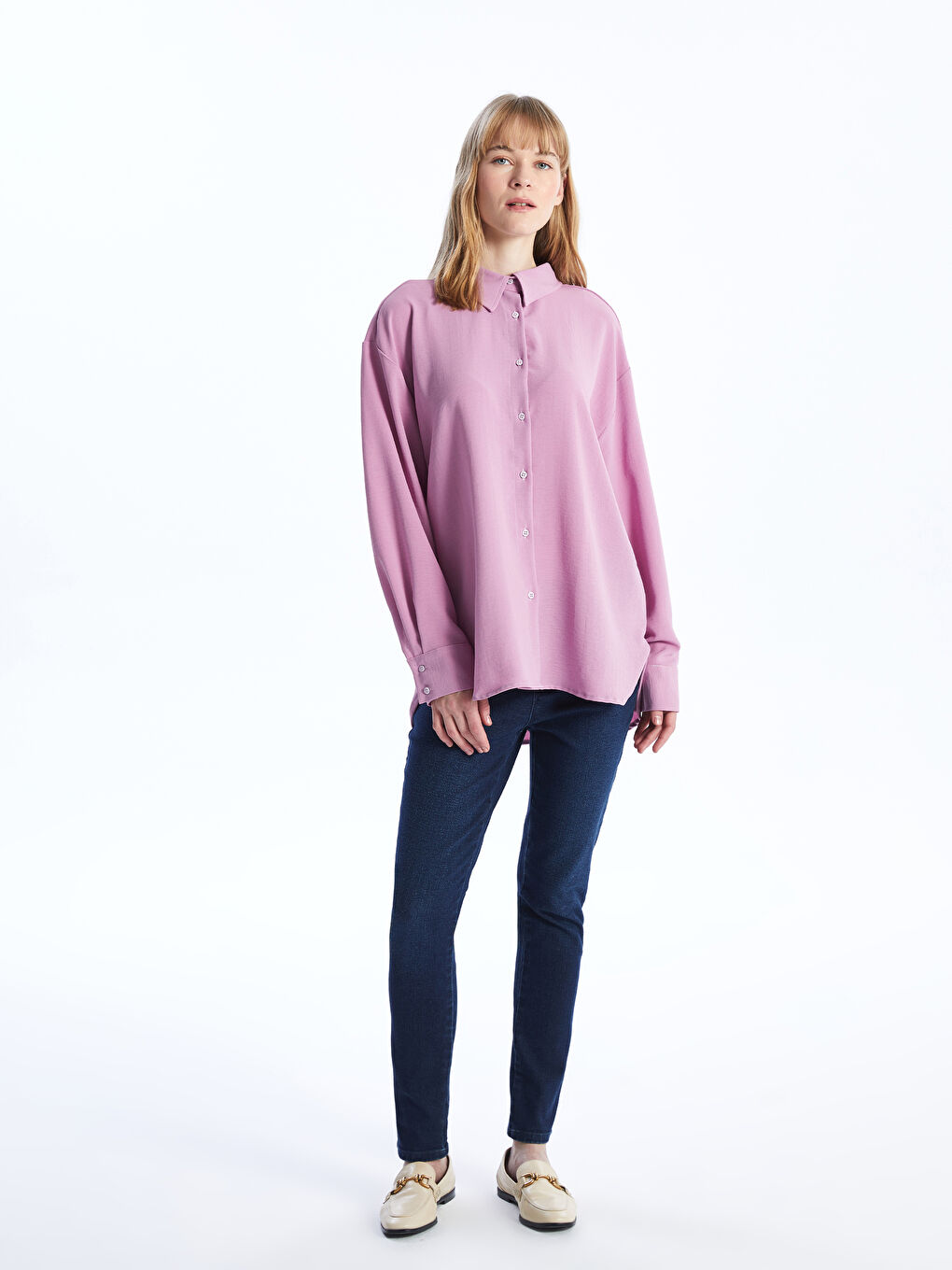 Pembe Düz Uzun Kollu Oversize Kadın Gömlek-2