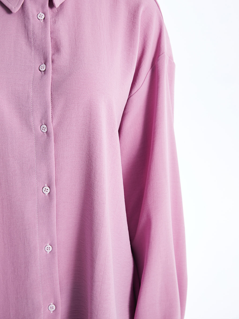 Pembe Düz Uzun Kollu Oversize Kadın Gömlek-3