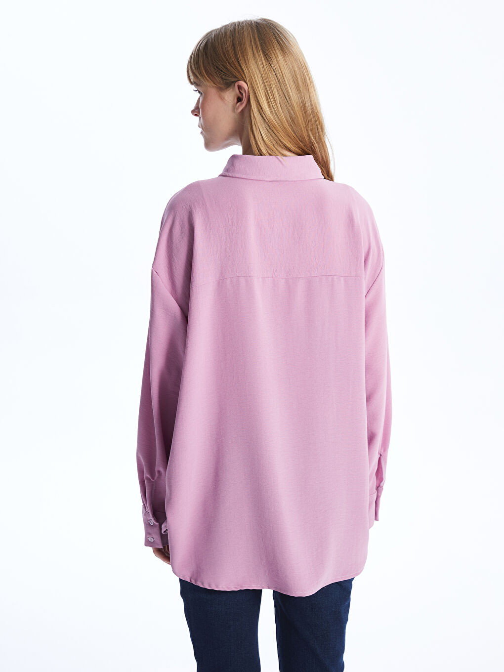 Pembe Düz Uzun Kollu Oversize Kadın Gömlek-4