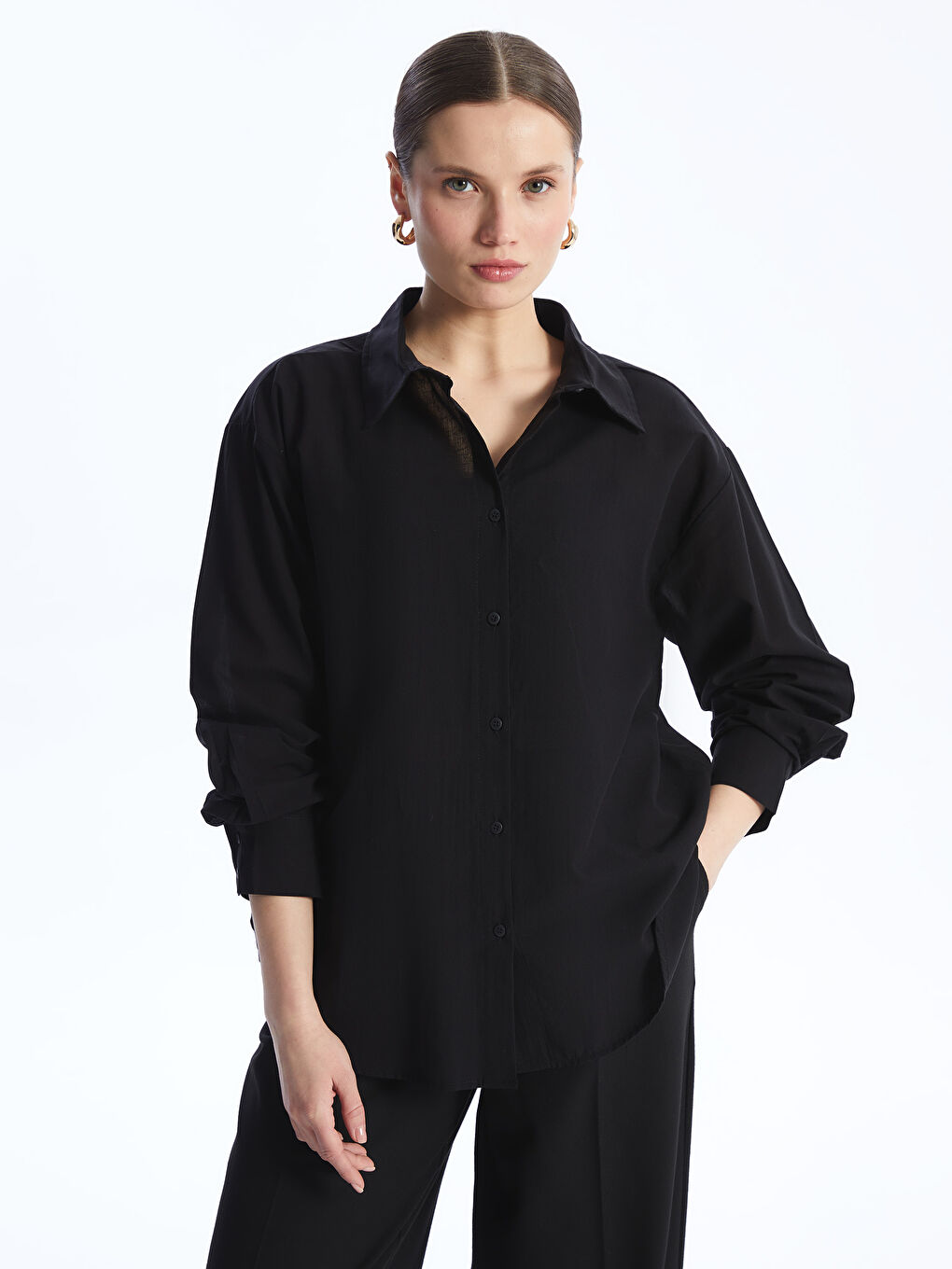 Gri Düz Uzun Kollu Oversize Kadın Gömlek