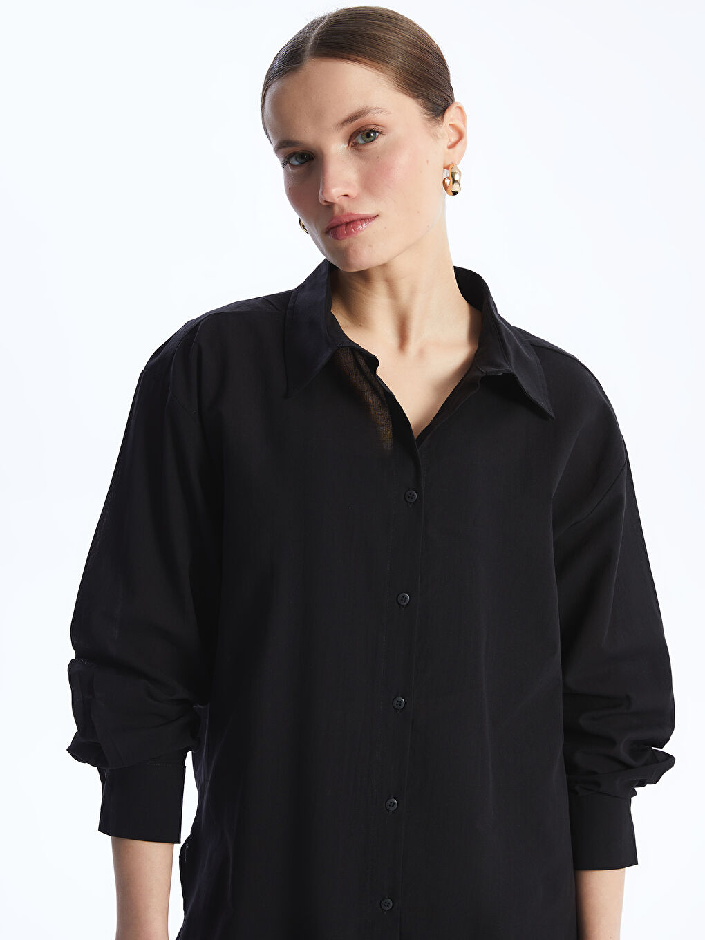 Gri Düz Uzun Kollu Oversize Kadın Gömlek-1