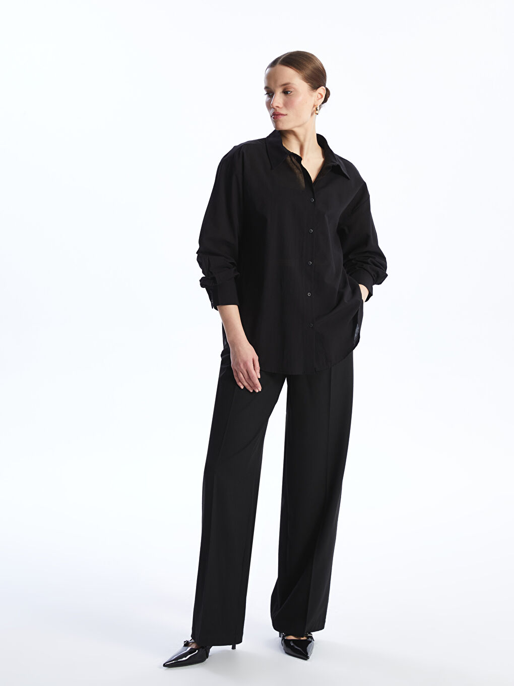 Gri Düz Uzun Kollu Oversize Kadın Gömlek-2