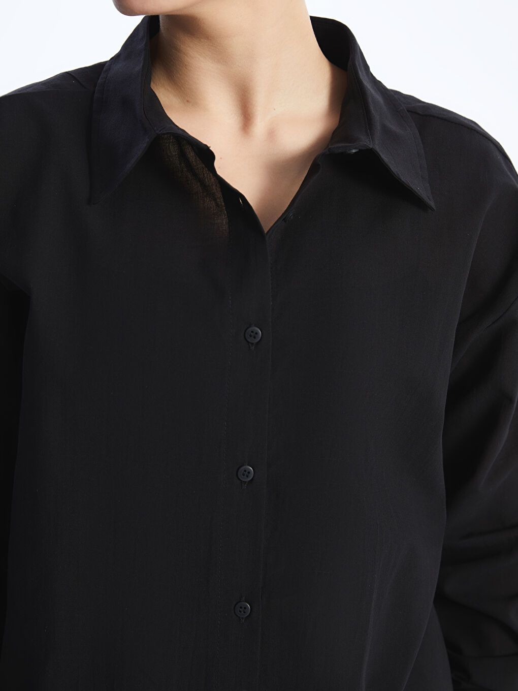 Gri Düz Uzun Kollu Oversize Kadın Gömlek-3