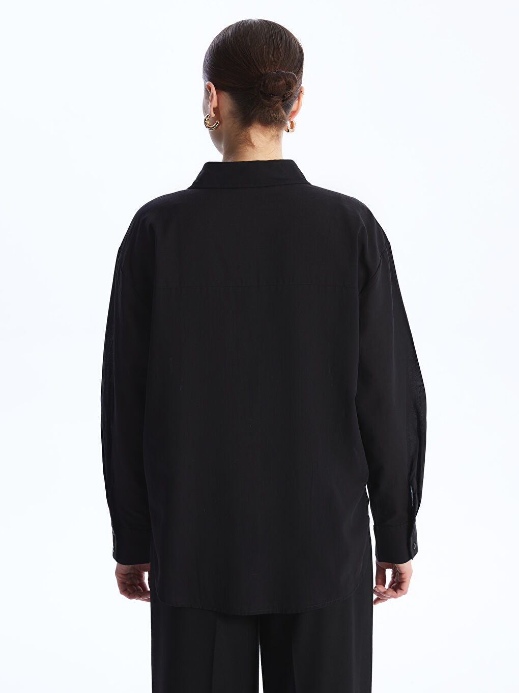 Gri Düz Uzun Kollu Oversize Kadın Gömlek-4