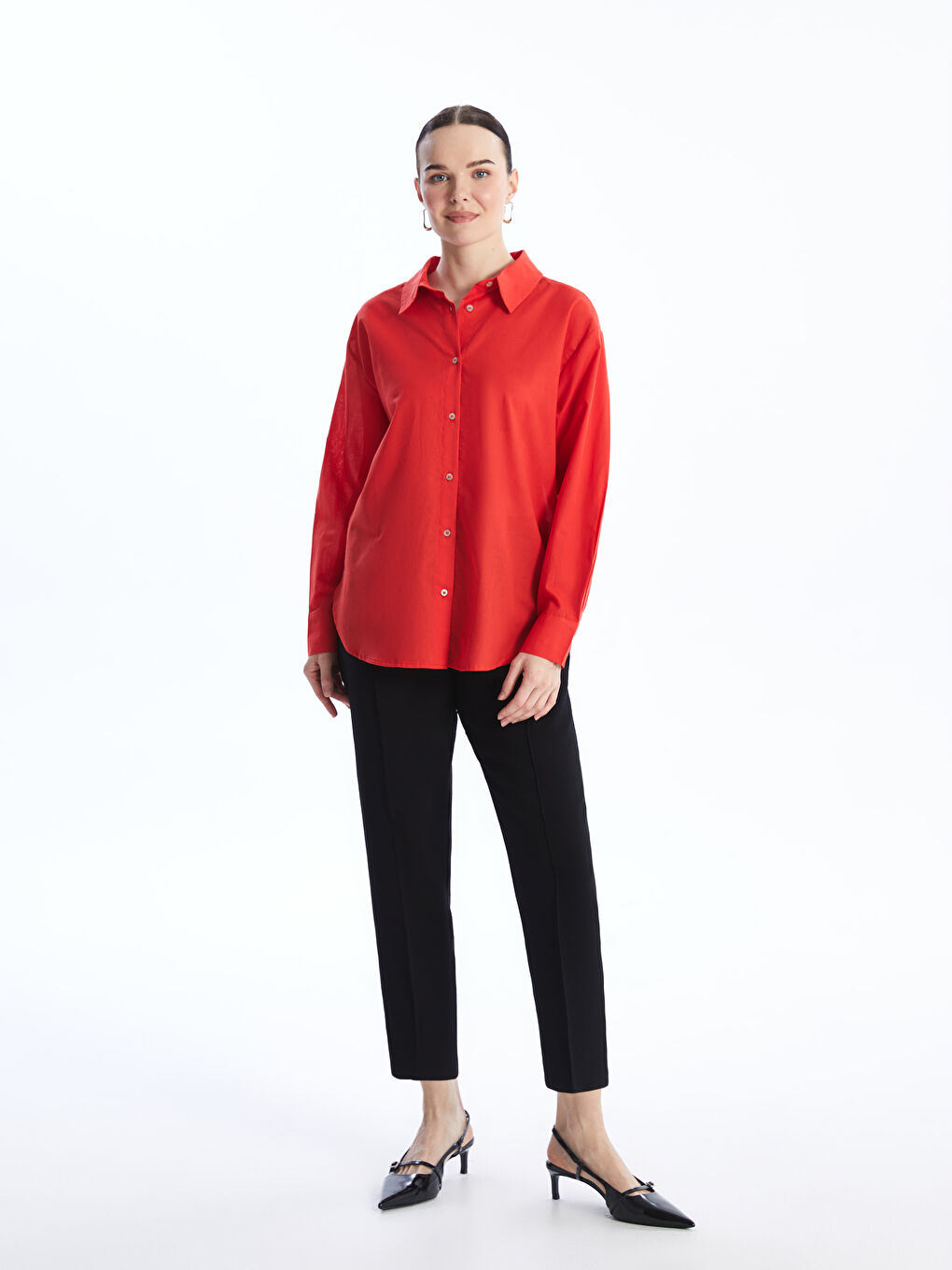 Kırmızı Oversize Poplin Kadın Gömlek-2