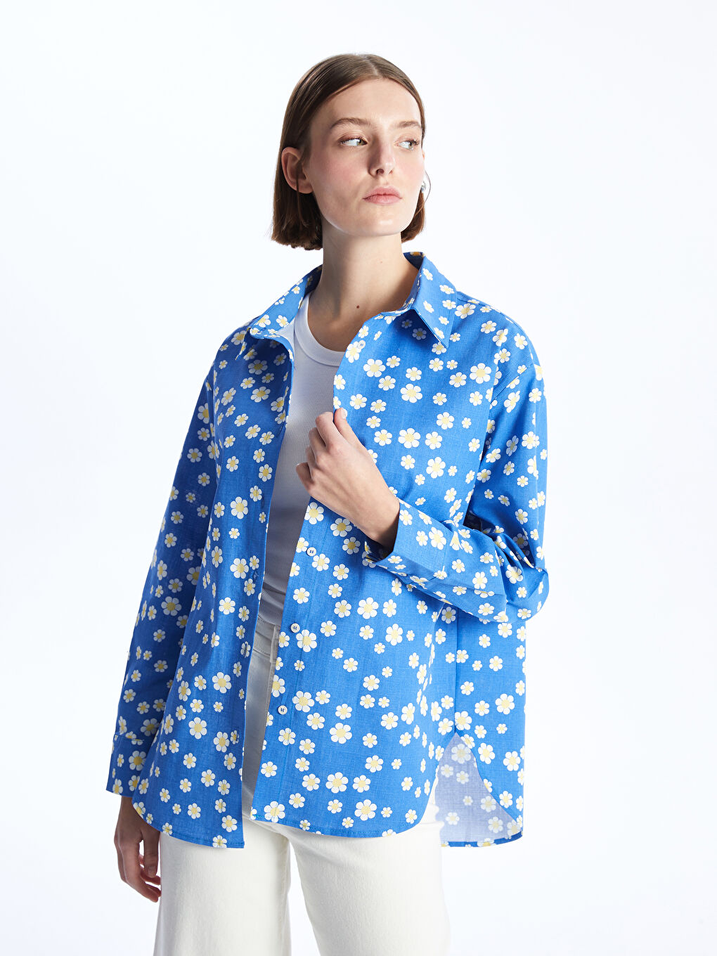 Karışık Çiçekli Oversize Poplin Kadın Gömlek