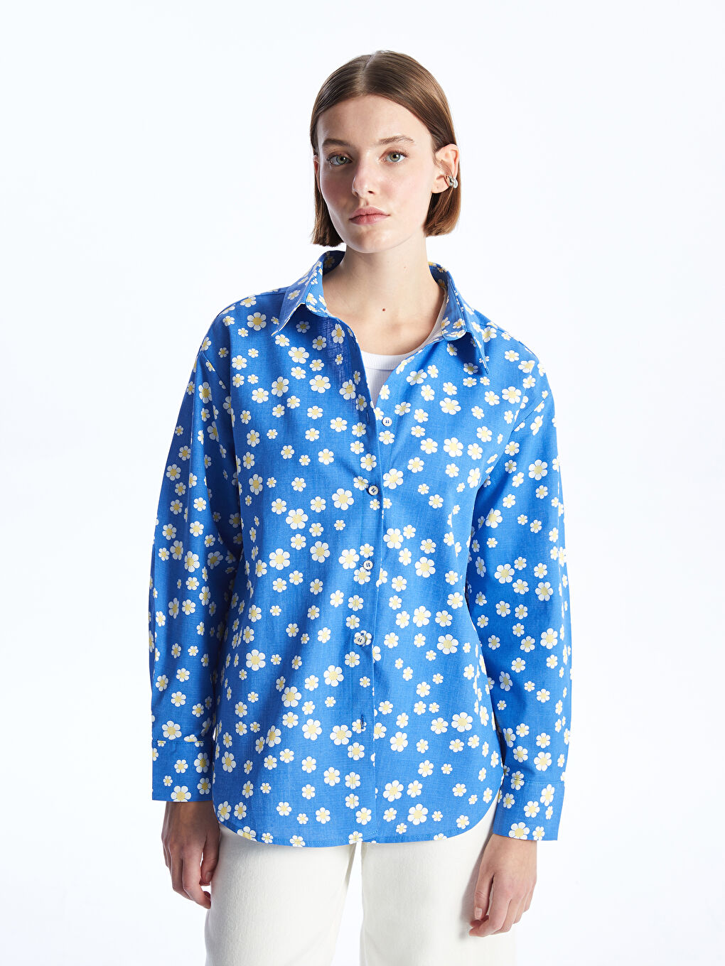 Karışık Çiçekli Oversize Poplin Kadın Gömlek-2