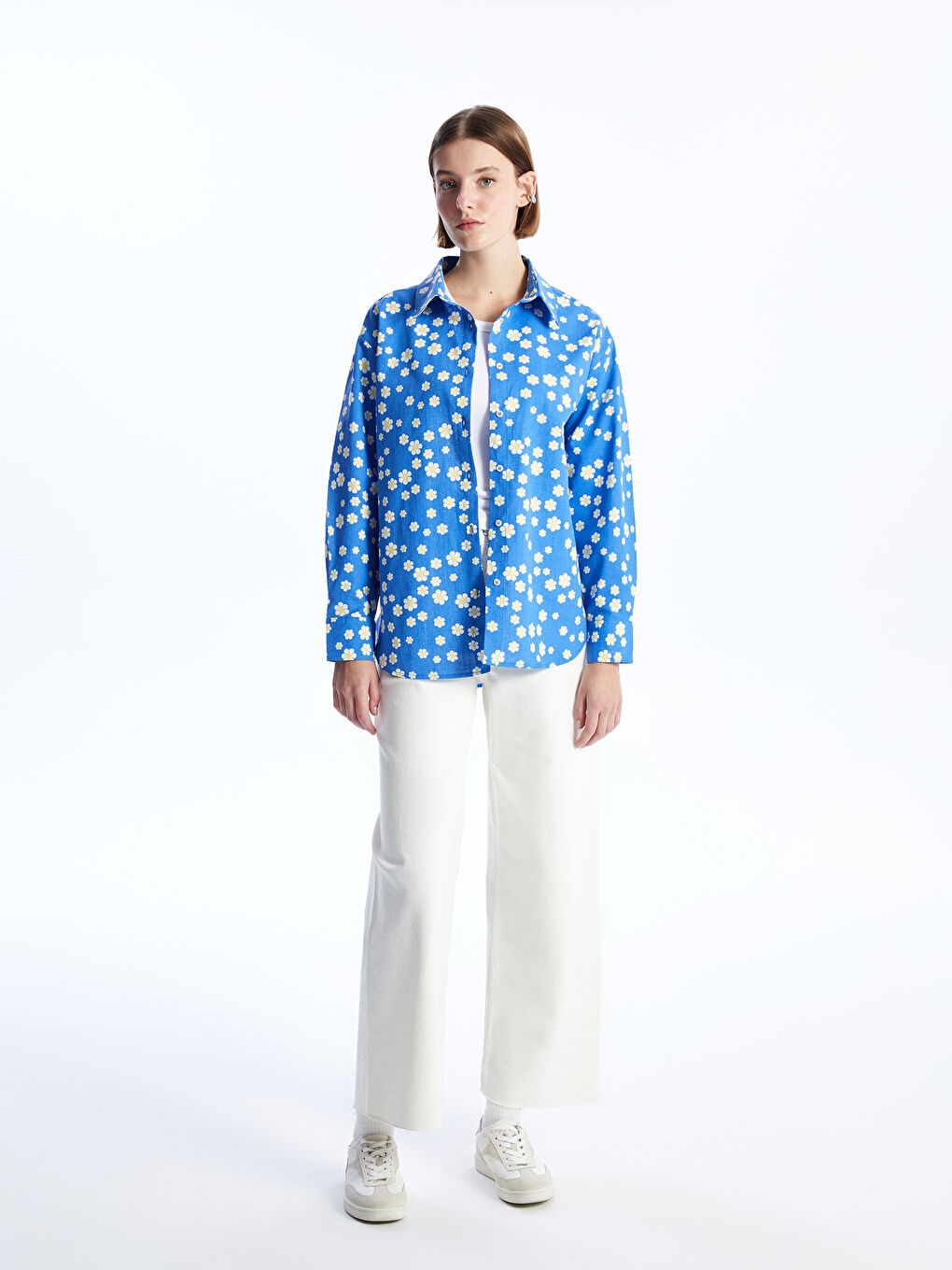 Karışık Çiçekli Oversize Poplin Kadın Gömlek-4