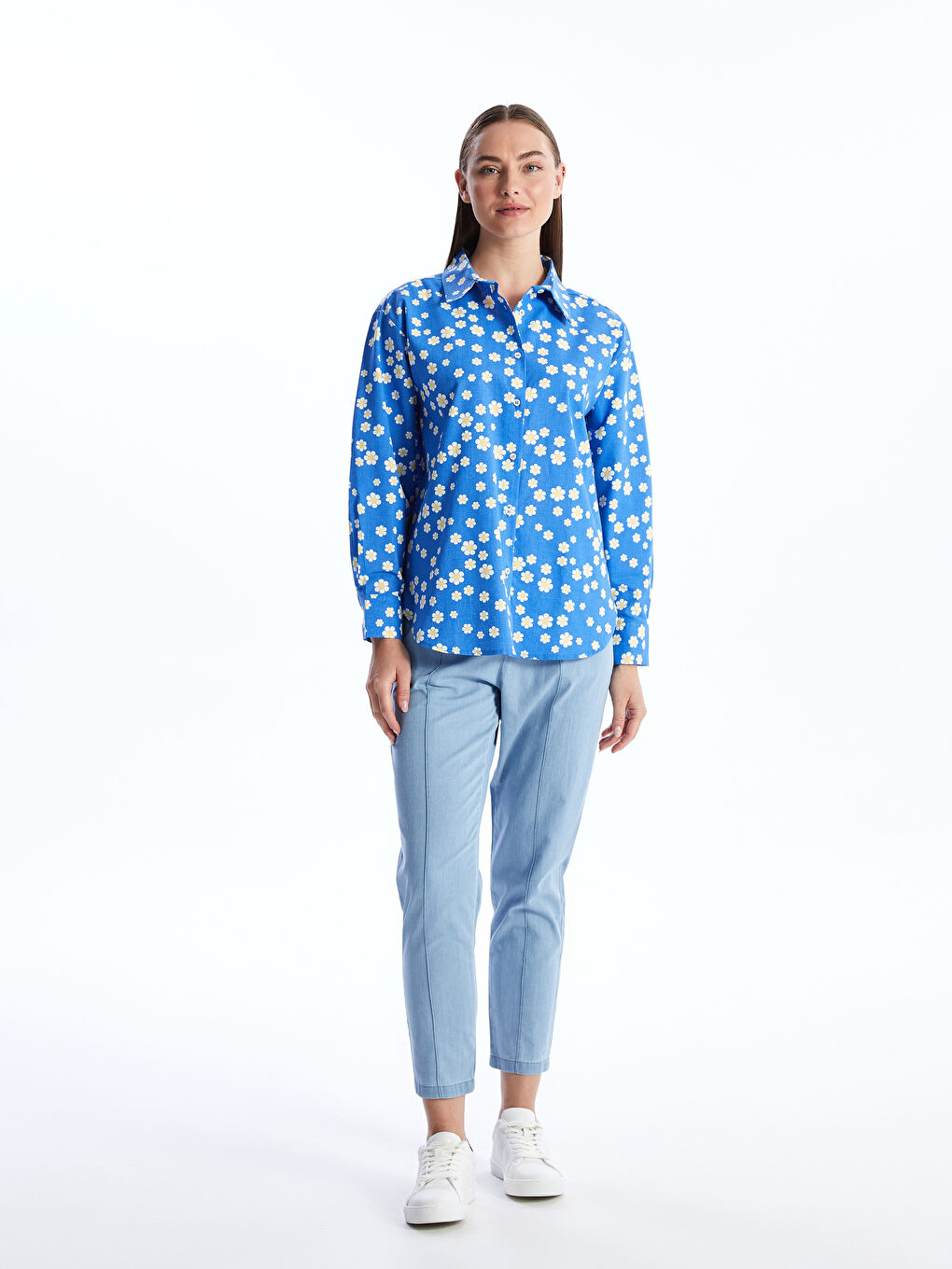 Karışık Çiçekli Oversize Poplin Kadın Gömlek-3