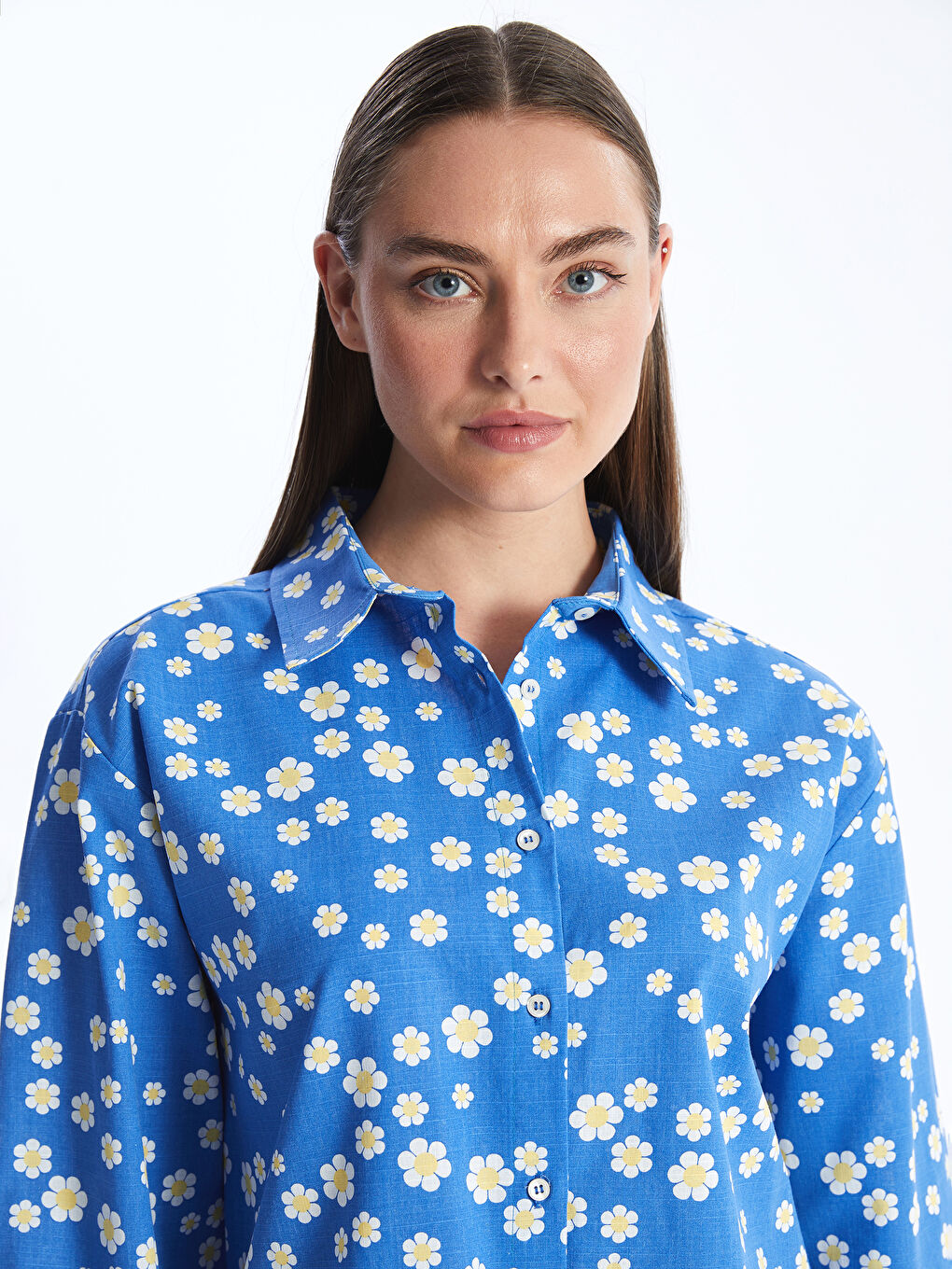 Karışık Çiçekli Oversize Poplin Kadın Gömlek-5