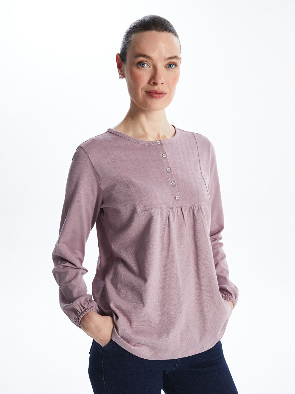 Lila Bisiklet Yaka Desenli Uzun Kollu Kadın Bluz