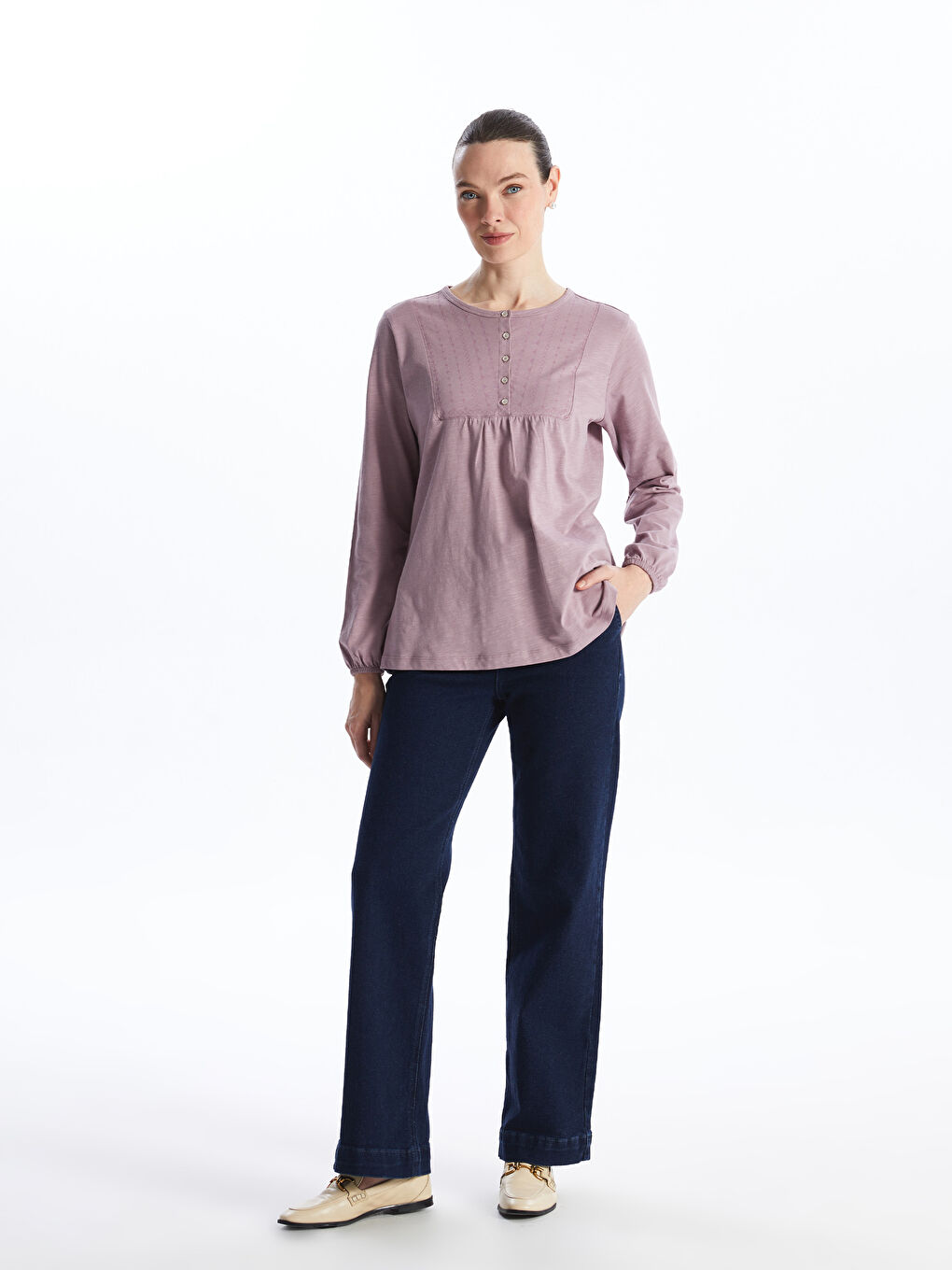 Lila Bisiklet Yaka Desenli Uzun Kollu Kadın Bluz-2