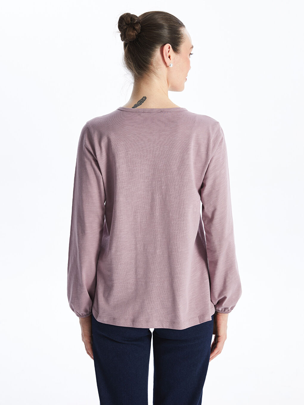 Lila Bisiklet Yaka Desenli Uzun Kollu Kadın Bluz-4