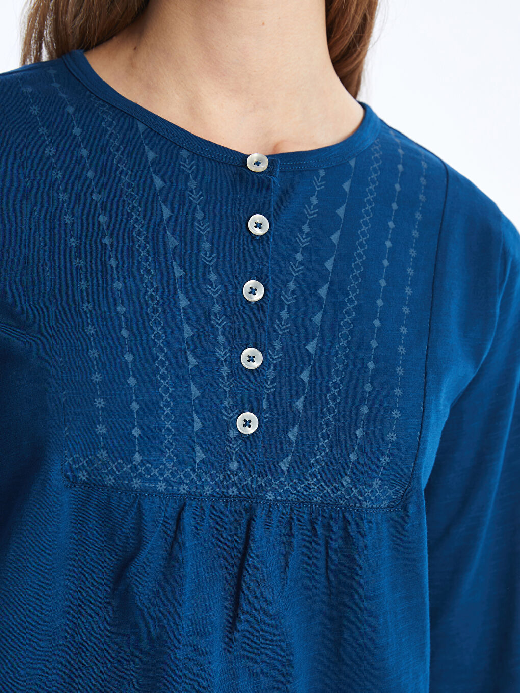 Petrol Bisiklet Yaka Desenli Uzun Kollu Kadın Bluz-2