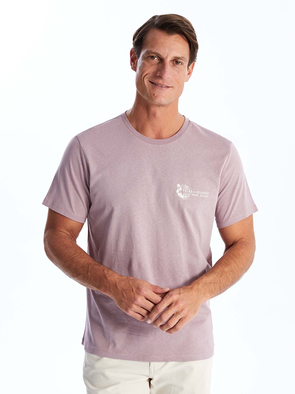 Lila Bisiklet Yaka Kısa Kollu Baskılı Penye Erkek Tişört