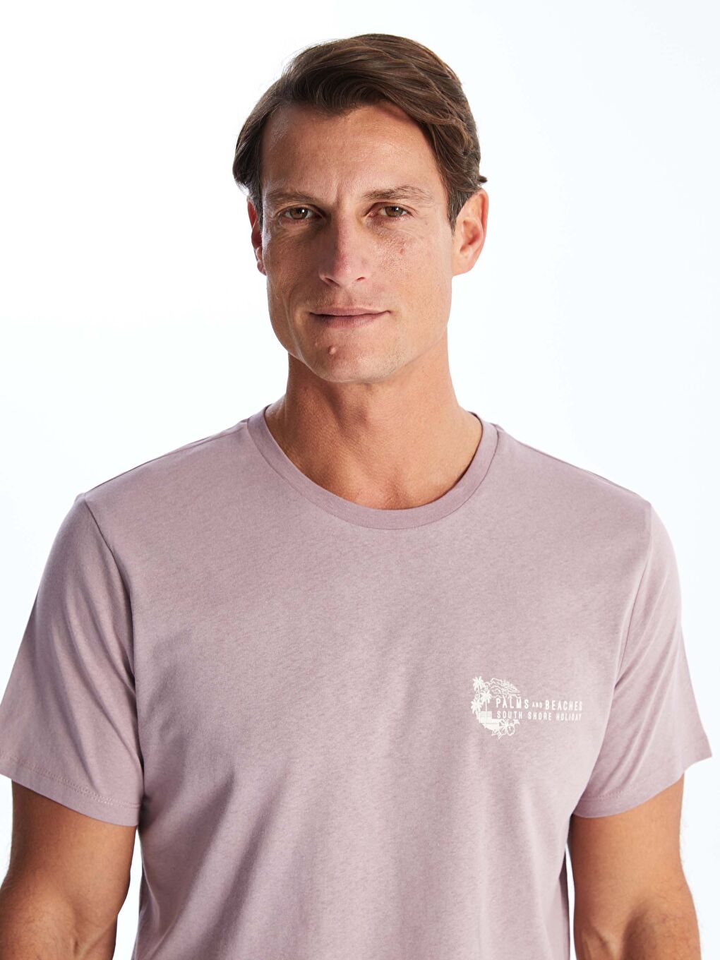 Lila Bisiklet Yaka Kısa Kollu Baskılı Penye Erkek Tişört-1