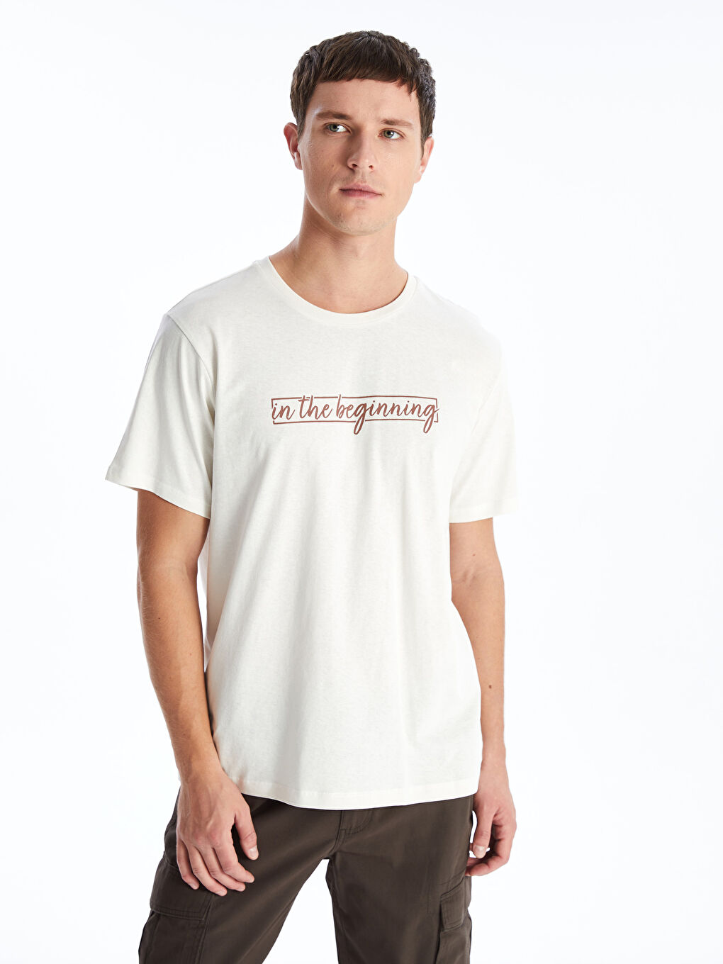 Bej Bisiklet Yaka Kısa Kollu Baskılı Penye Erkek Tişört-1