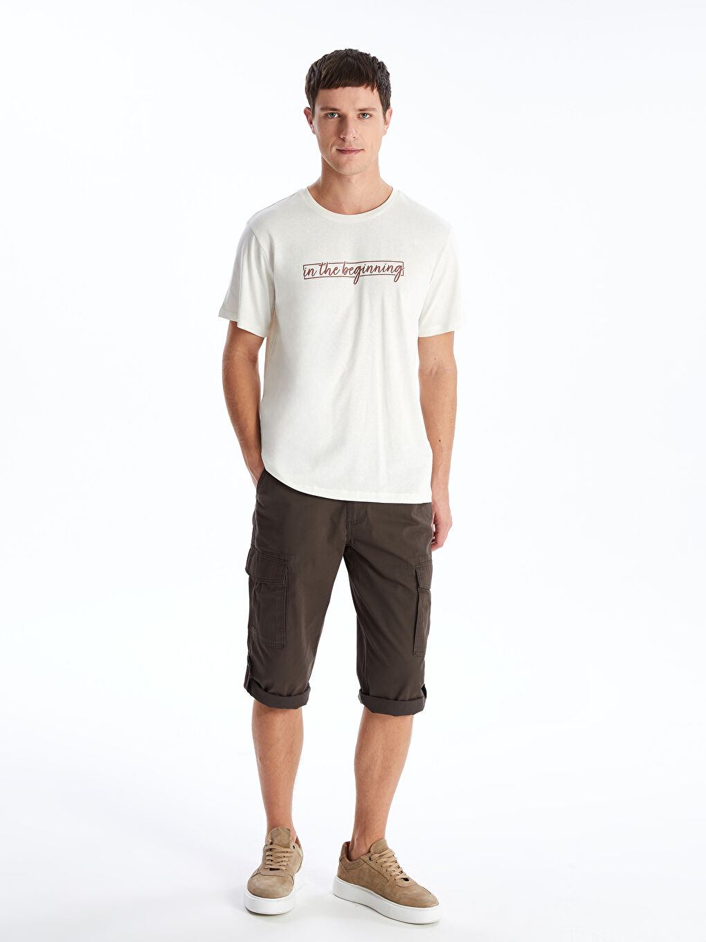 Bej Bisiklet Yaka Kısa Kollu Baskılı Penye Erkek Tişört-2