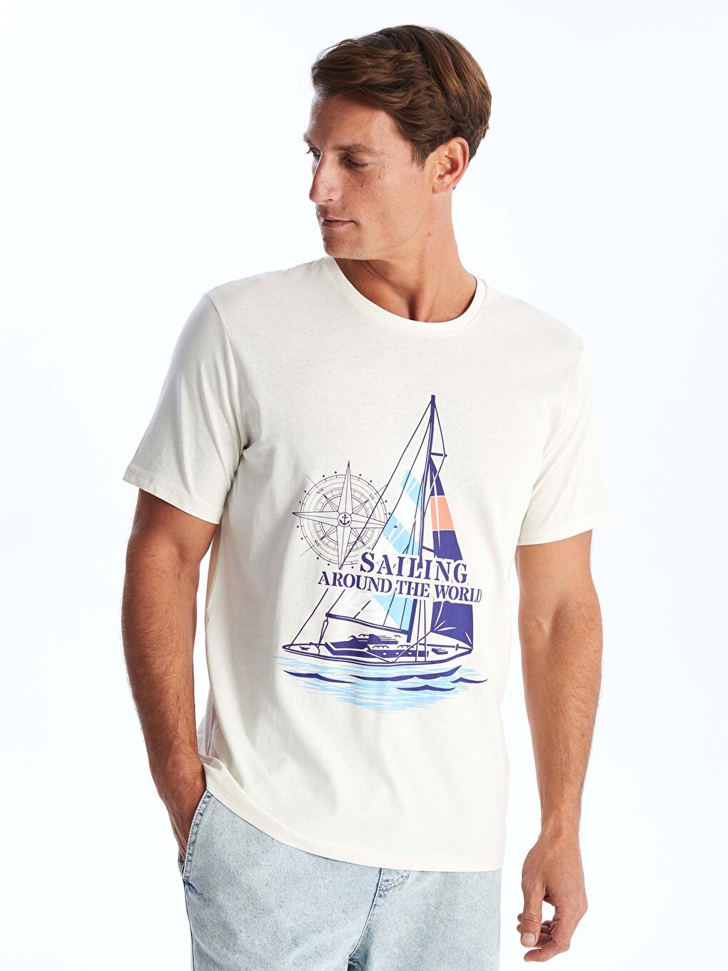 Bej Bisiklet Yaka Kısa Kollu Baskılı Penye Erkek Tişört