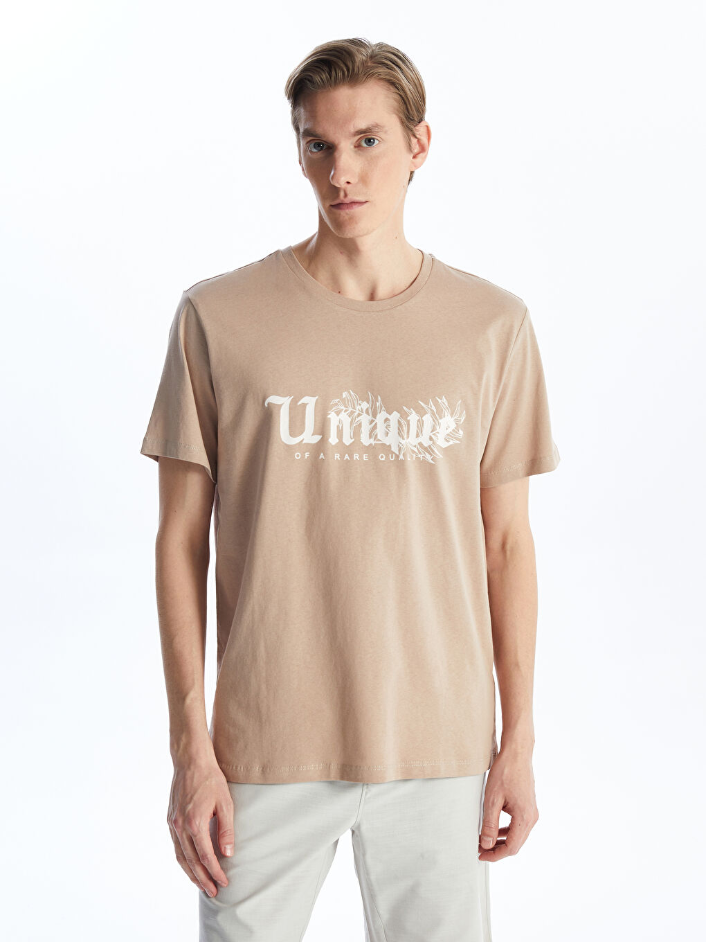 Bej Bisiklet Yaka Kısa Kollu Baskılı Penye Erkek Tişört