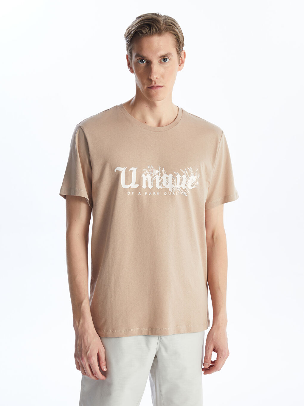 Bej Bisiklet Yaka Kısa Kollu Baskılı Penye Erkek Tişört-1