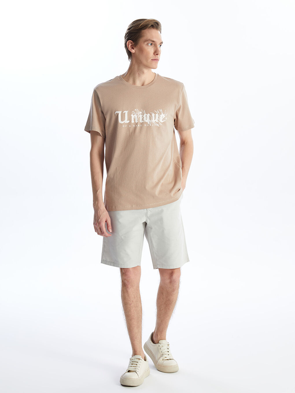 Bej Bisiklet Yaka Kısa Kollu Baskılı Penye Erkek Tişört-2