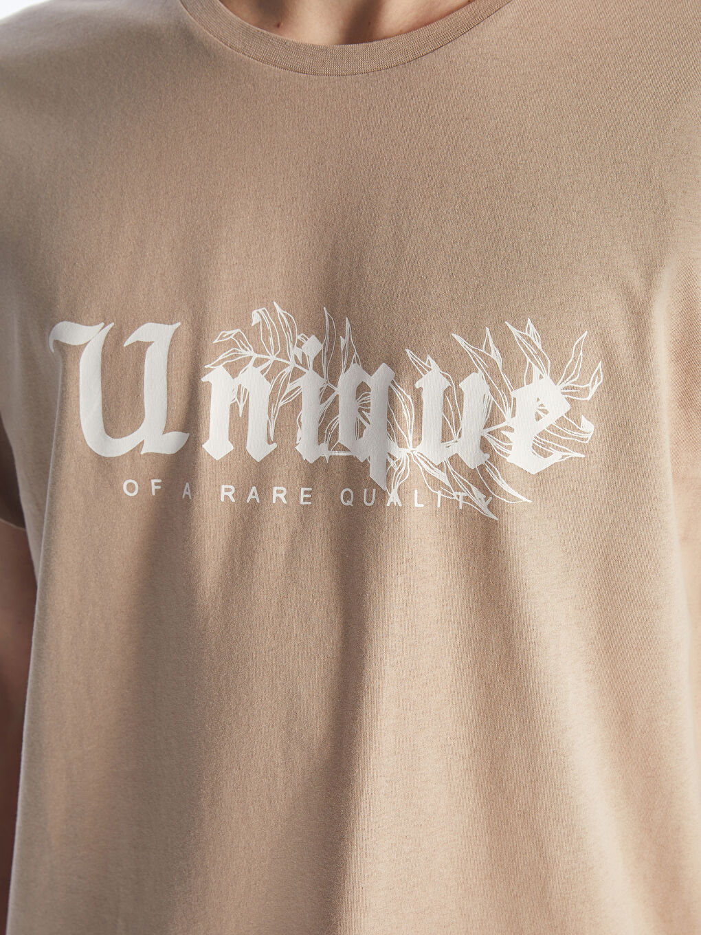 Bej Bisiklet Yaka Kısa Kollu Baskılı Penye Erkek Tişört-3