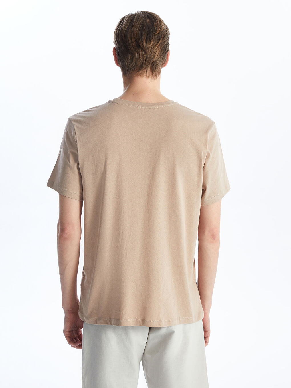 Bej Bisiklet Yaka Kısa Kollu Baskılı Penye Erkek Tişört-4