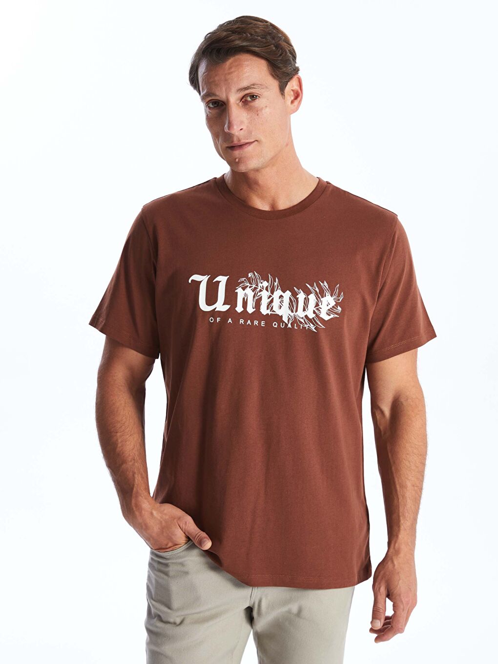 Kahverengi Bisiklet Yaka Kısa Kollu Baskılı Penye Erkek Tişört-1