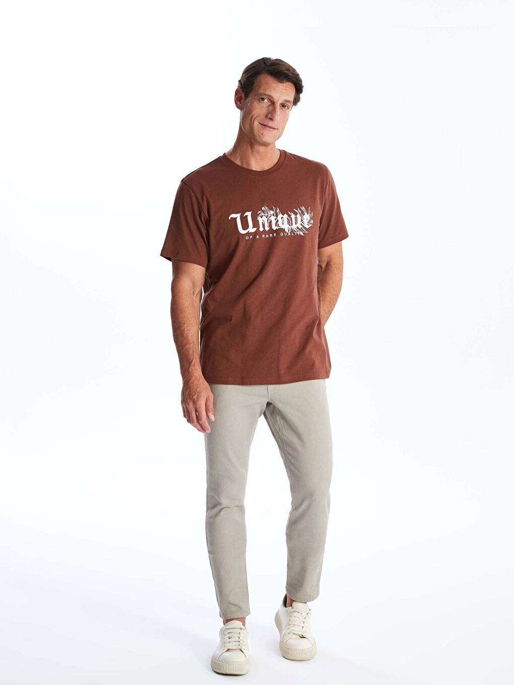 Kahverengi Bisiklet Yaka Kısa Kollu Baskılı Penye Erkek Tişört-2