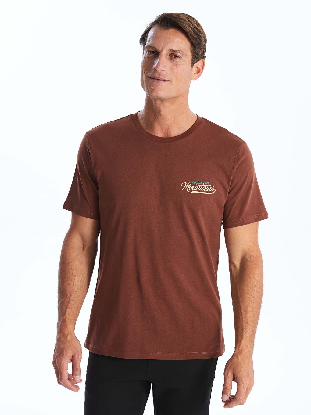 Kahverengi Bisiklet Yaka Kısa Kollu Baskılı Penye Erkek Tişört