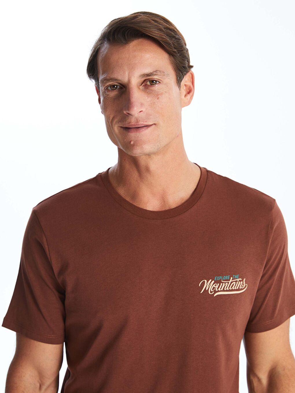 Kahverengi Bisiklet Yaka Kısa Kollu Baskılı Penye Erkek Tişört-1