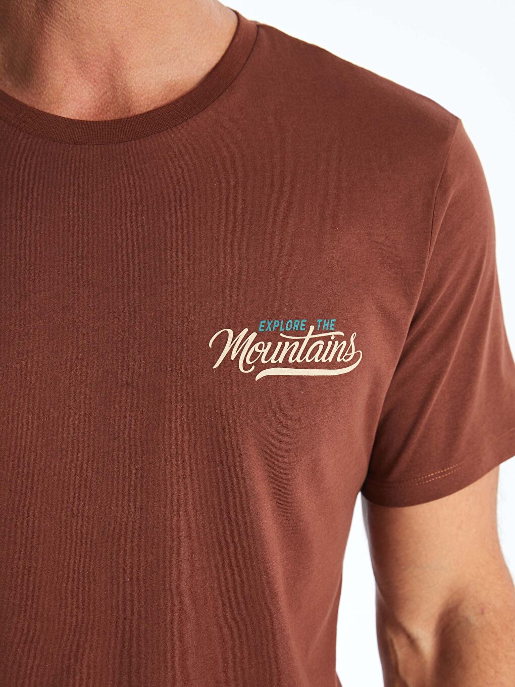 Kahverengi Bisiklet Yaka Kısa Kollu Baskılı Penye Erkek Tişört-3