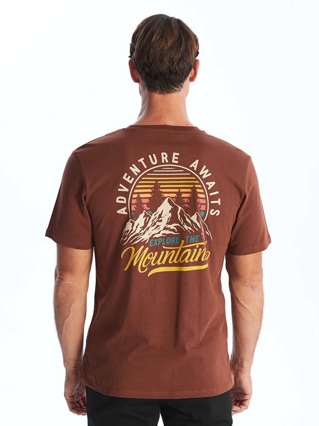 Kahverengi Bisiklet Yaka Kısa Kollu Baskılı Penye Erkek Tişört-4