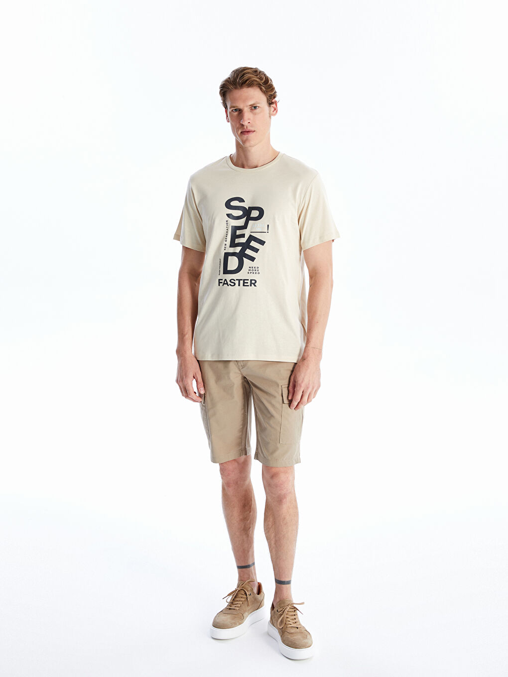 Bej Bisiklet Yaka Kısa Kollu Baskılı Penye Erkek Tişört-1