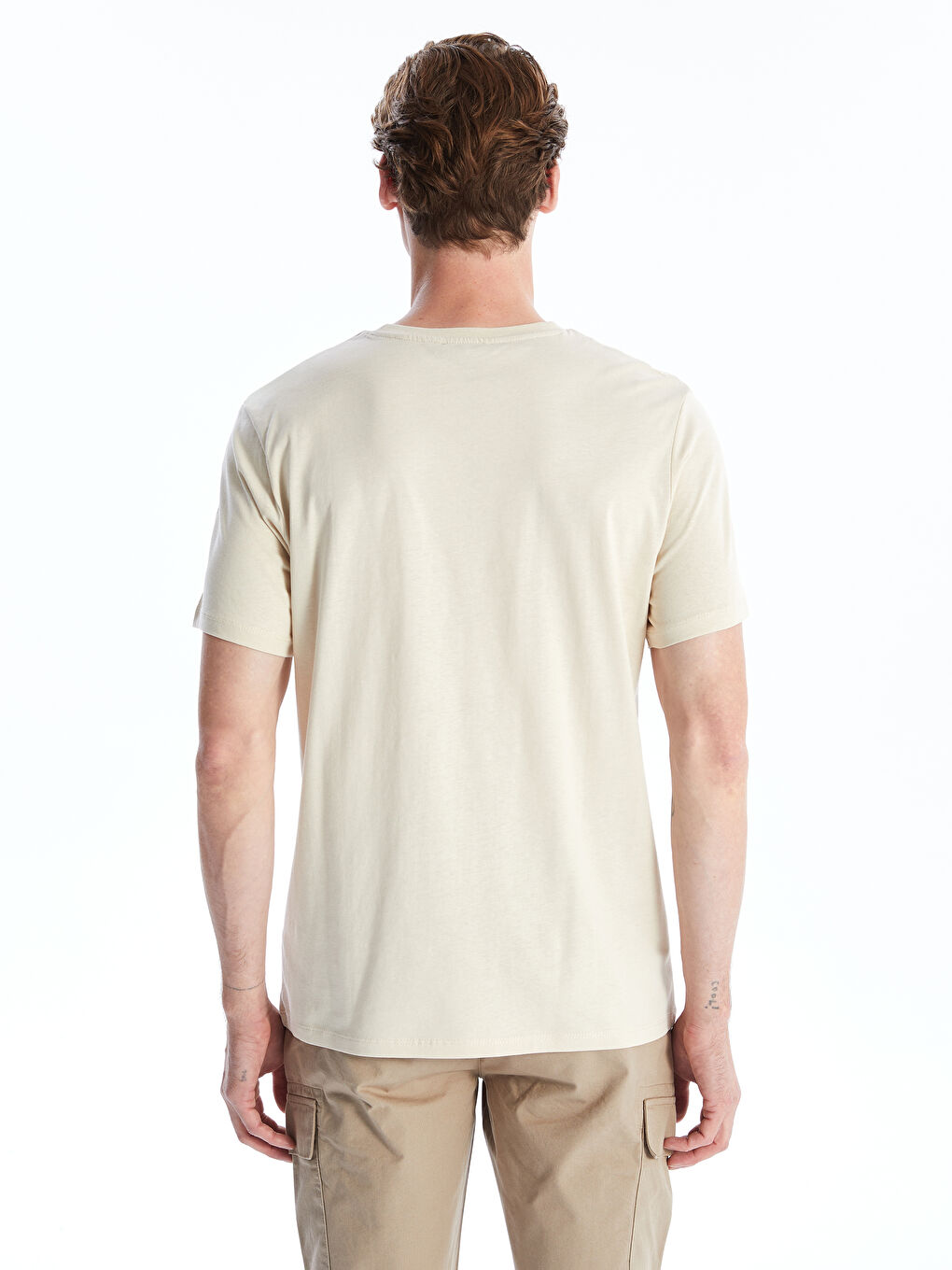 Bej Bisiklet Yaka Kısa Kollu Baskılı Penye Erkek Tişört-4