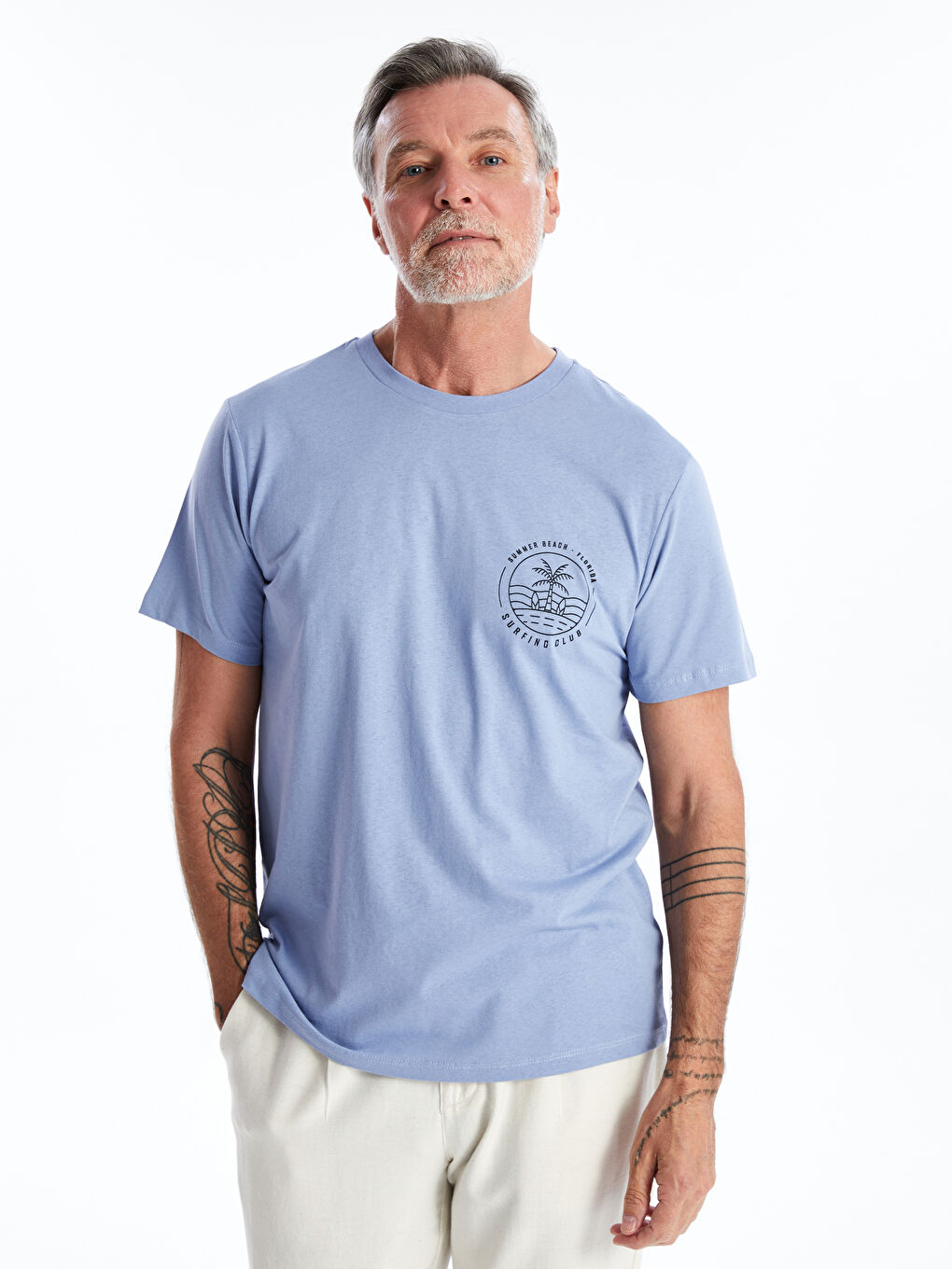 Lila Bisiklet Yaka Kısa Kollu Baskılı Penye Erkek Tişört