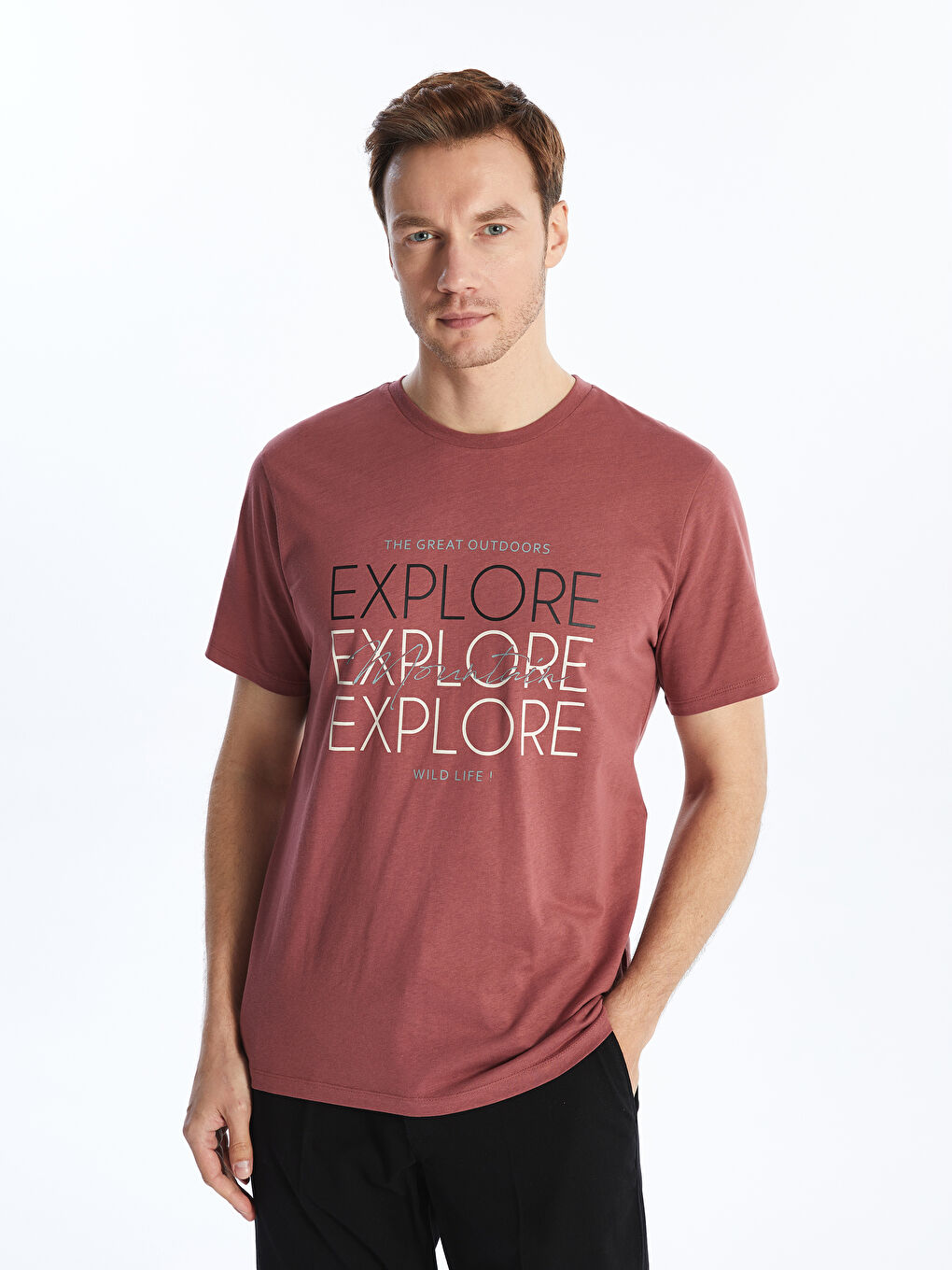 Pembe Bisiklet Yaka Kısa Kollu Baskılı Penye Erkek Tişört