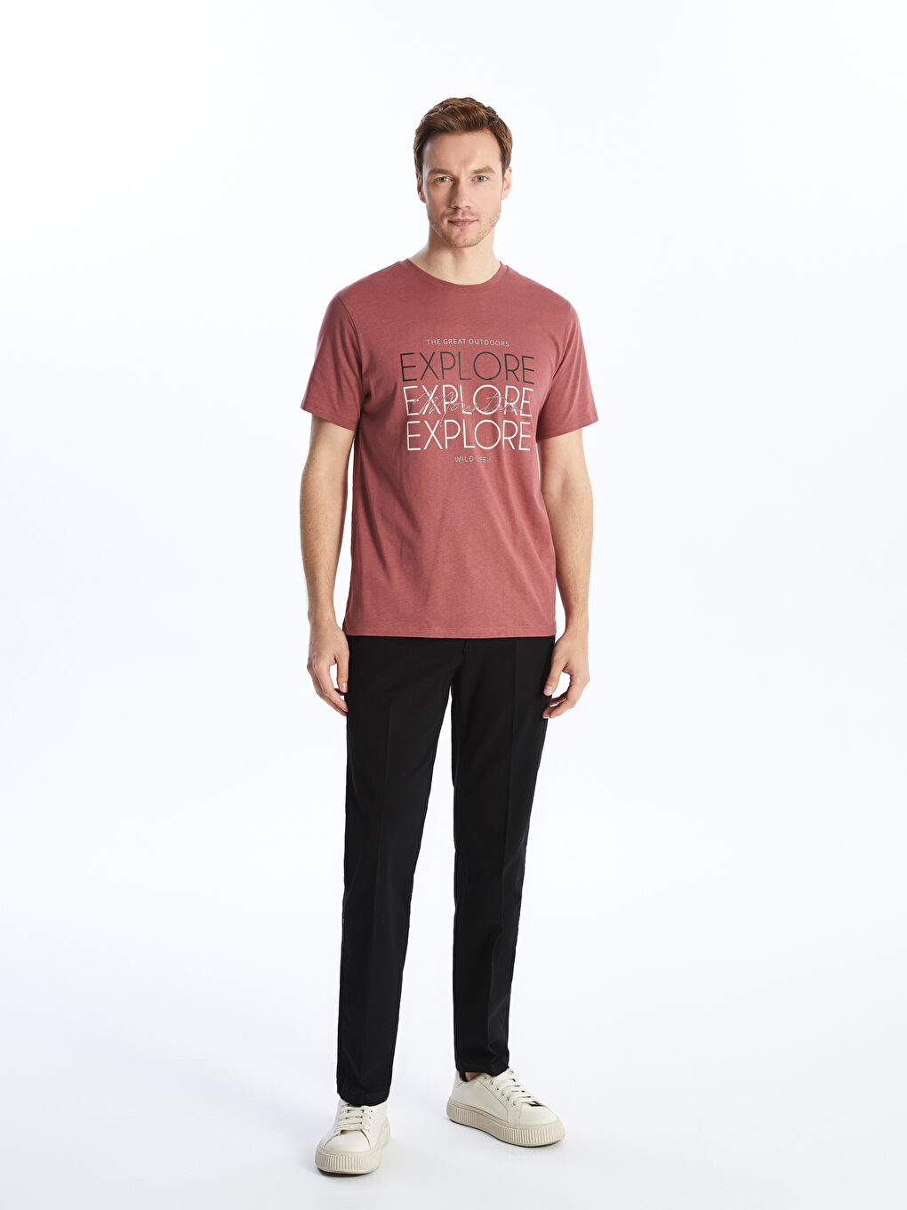 Pembe Bisiklet Yaka Kısa Kollu Baskılı Penye Erkek Tişört-1